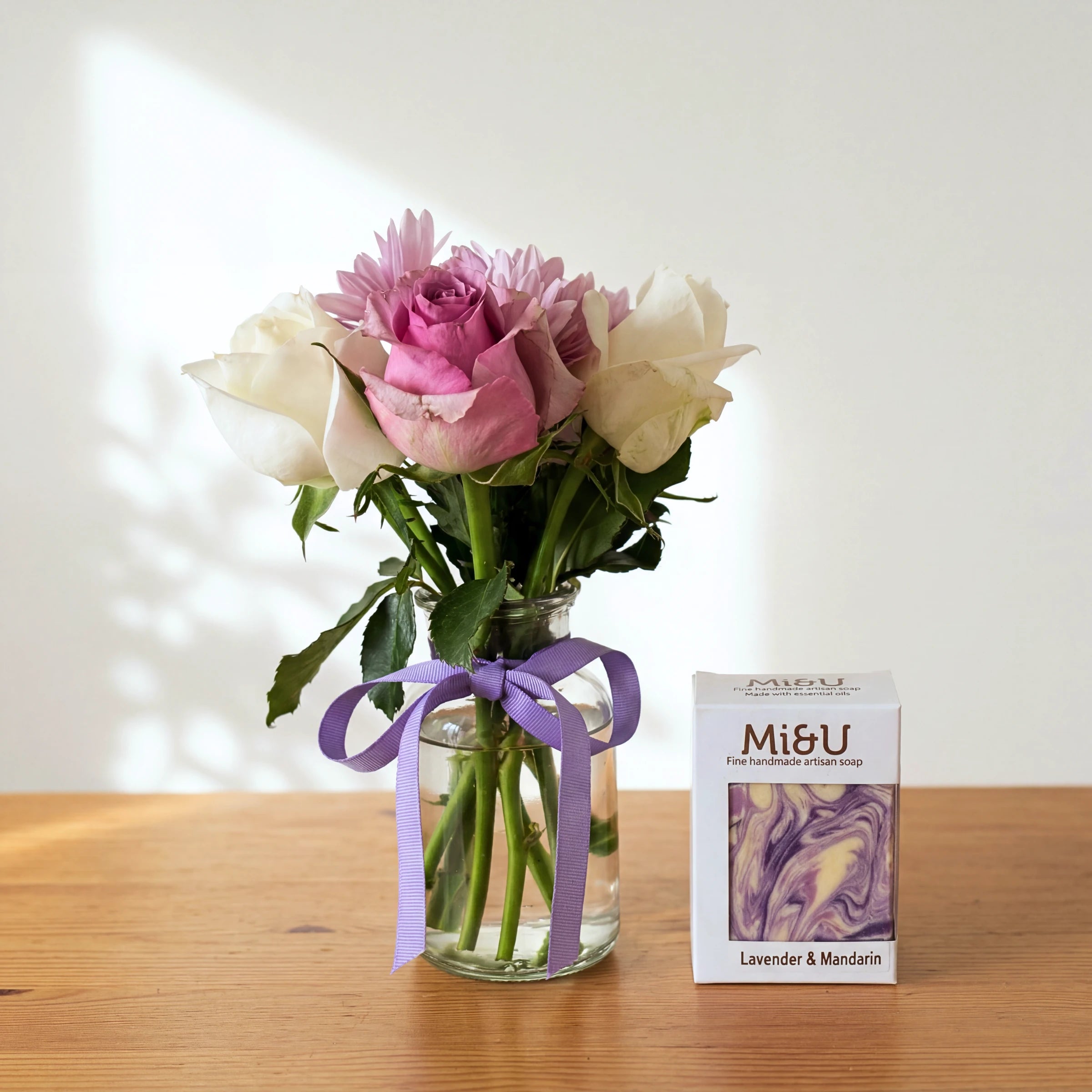 Cleanse & Calm self-care package: a pink and cream rose posy with a Mi&U Lavender & Mandarin soap