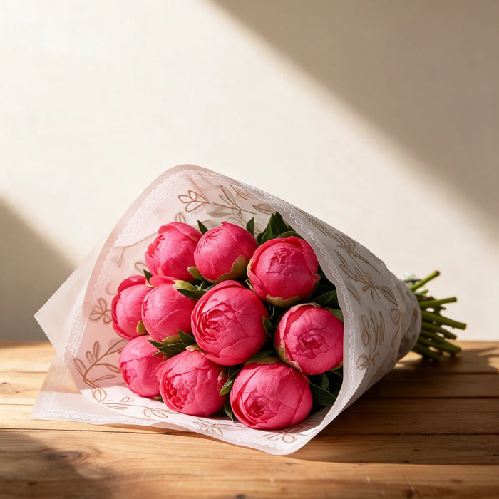 Coral peonies in bud wrapped in white paper with a gold leaf print, lying on a wooden table in afternoon sun