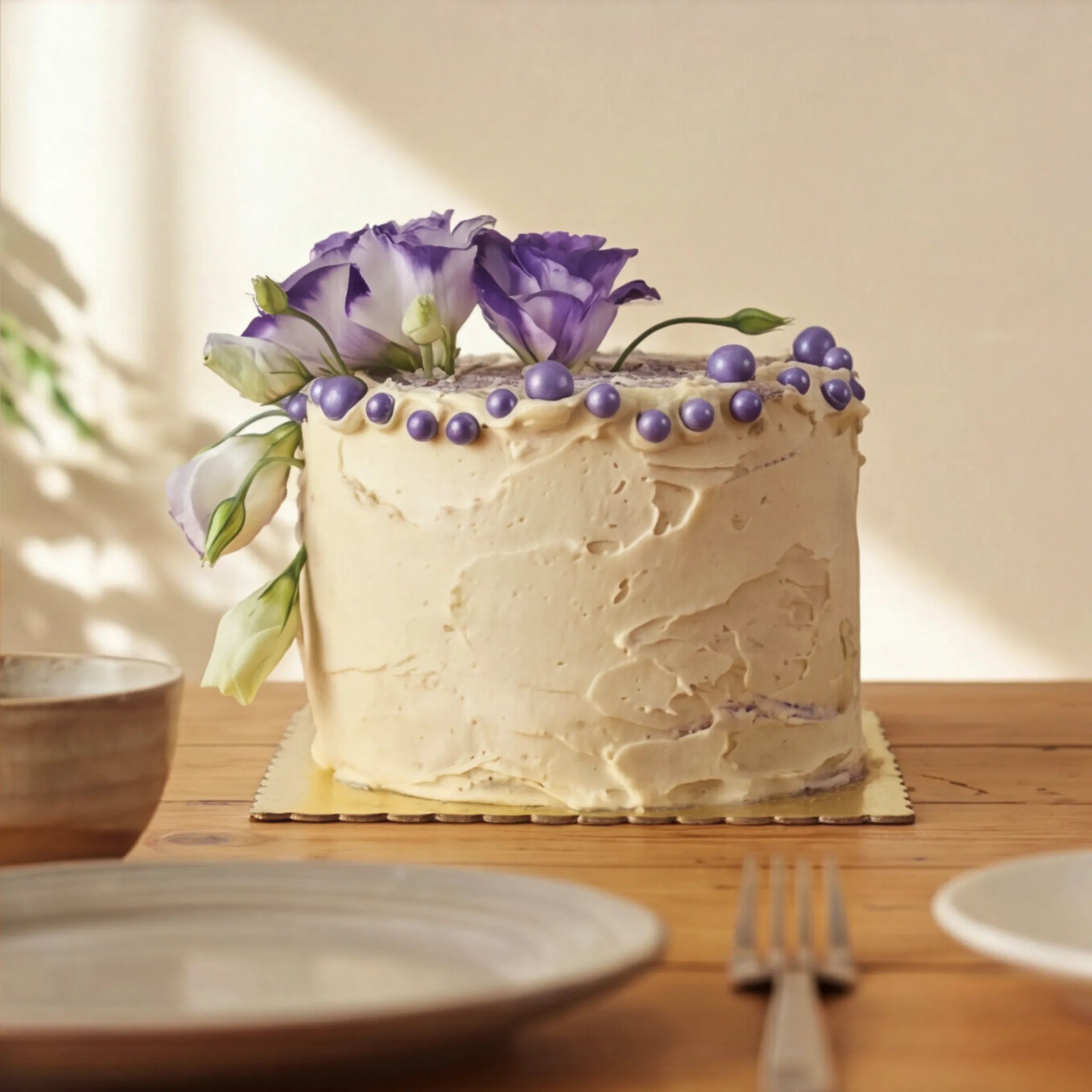 Creamy Violet Dream Cake styled on a bridal shower tea table by Fabulous Flowers Cape Town