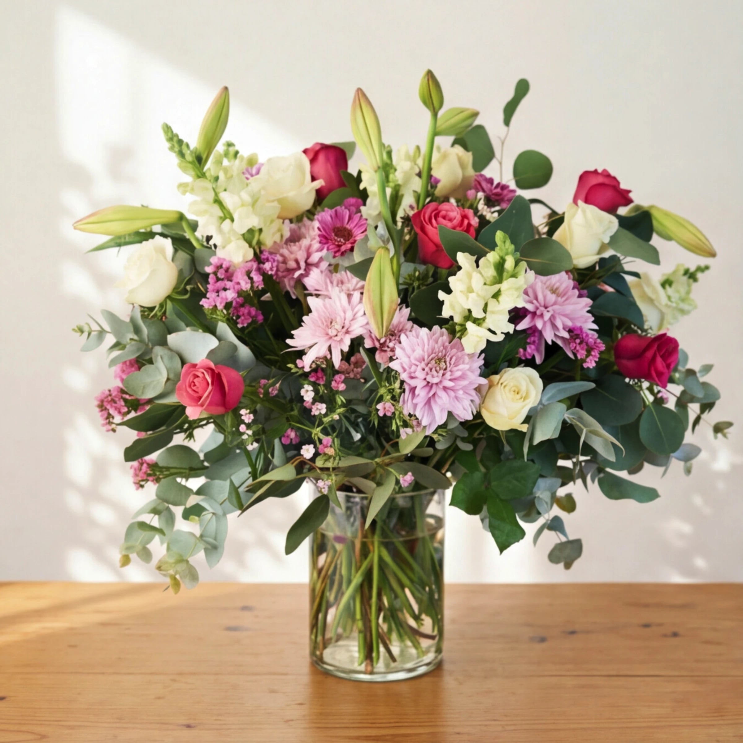 Creative Elegance pink and white flower arrangement of roses, chrysanthemums and gerberas in a glass vase.