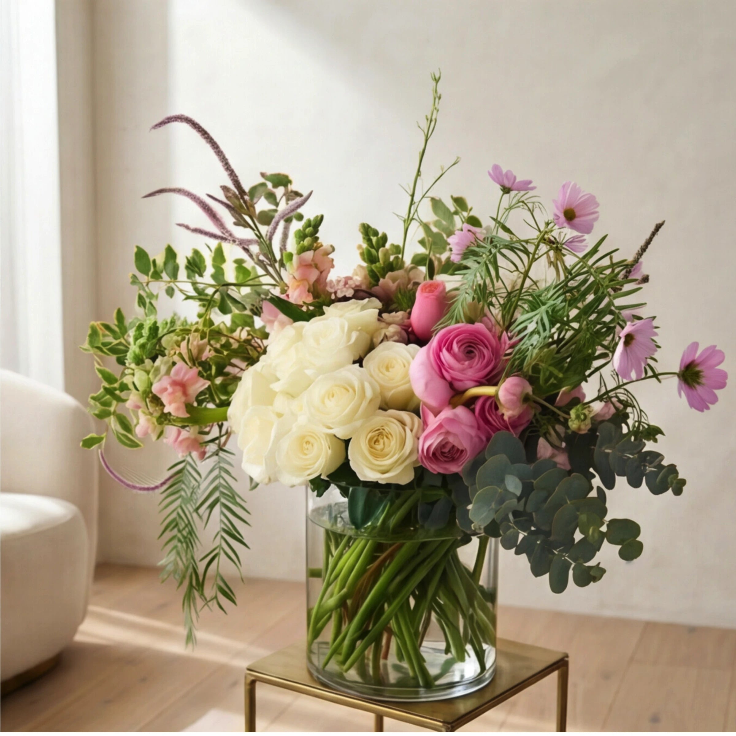 Creative Poetry modern pink and white flower arrangement on a gold side table in a sunlit living room, cream roses, pink ranunculus, pink cosmos, snapdragons, eucalyptus and ferns in a clear glass vase from Fabulous Flowers Cape Town