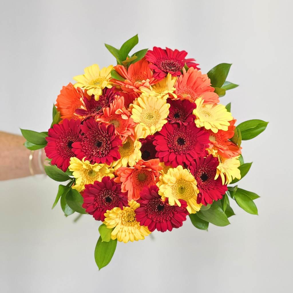 Crimson Dawn Gerbera Bouquet arranged with red, orange and yellow stems with Steenberg Chardonnay - Fabulous Flowers