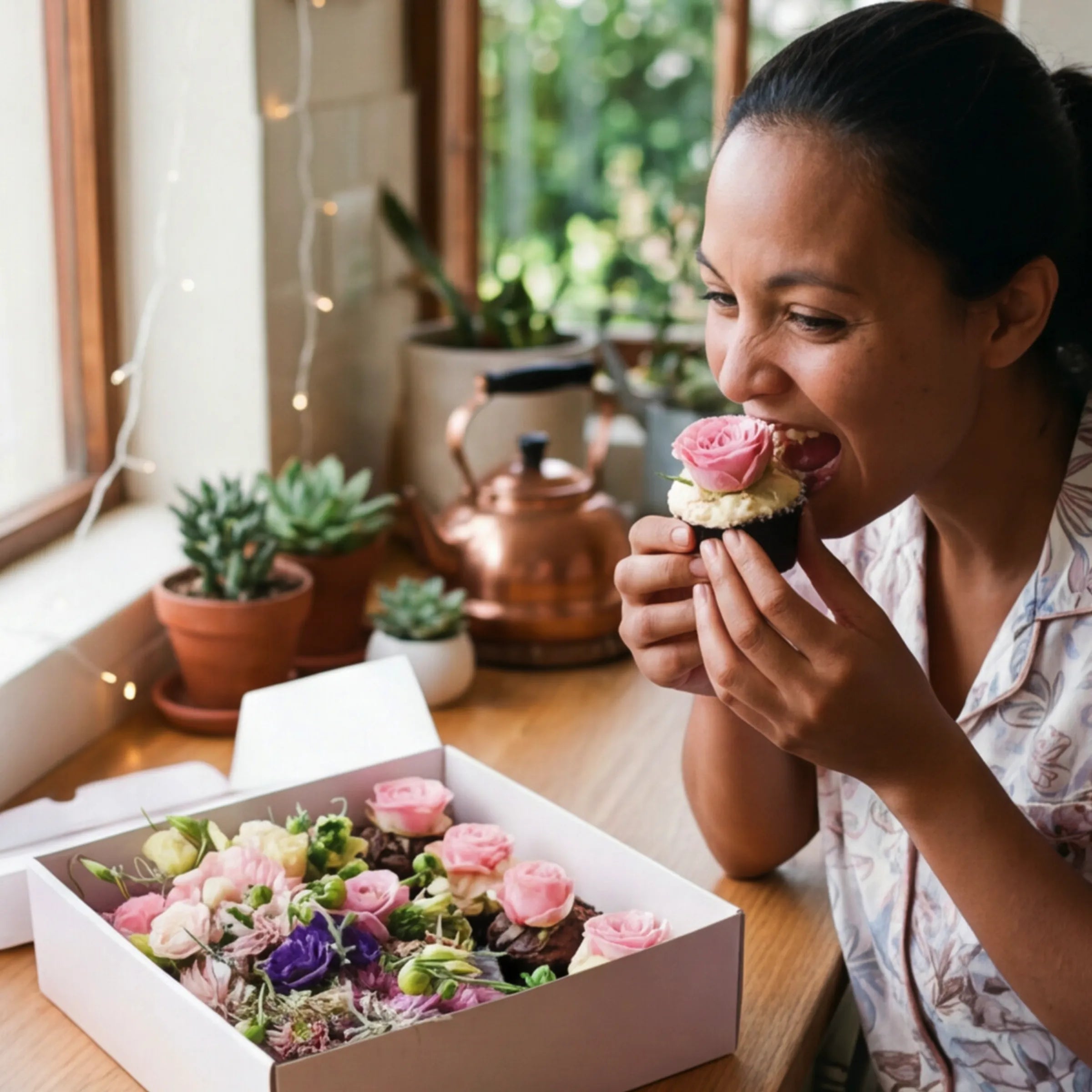 Cupcake Bloom Box lifestyle scene with rose-topped cupcake and floral display by Fabulous Flowers Cape Town