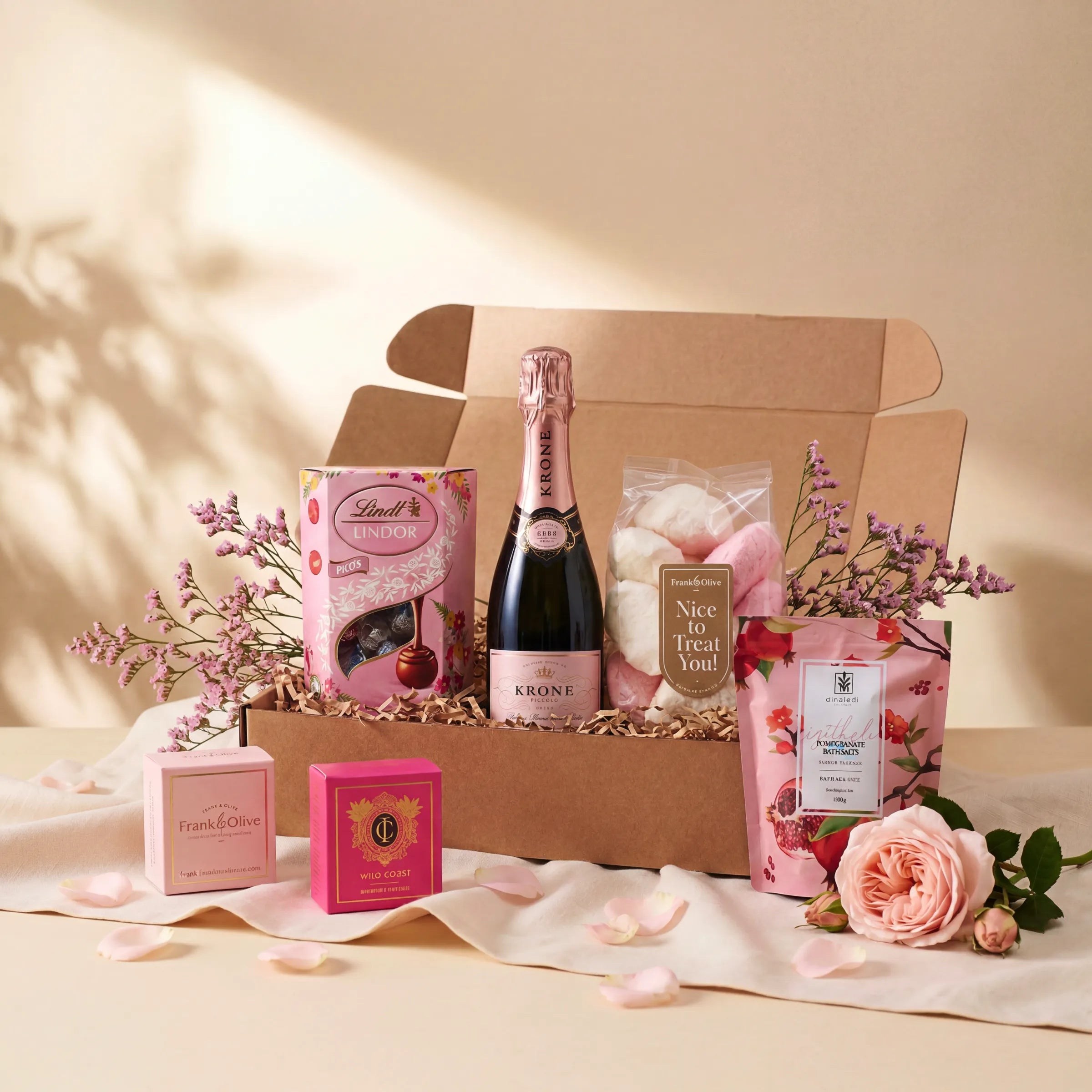 Daydream Delight Gift Box with Lindt Lindor, Krone Rose, Frank and Olive marshmallows, Cape Island Wild Coast candle and Dinaledi bath salt
