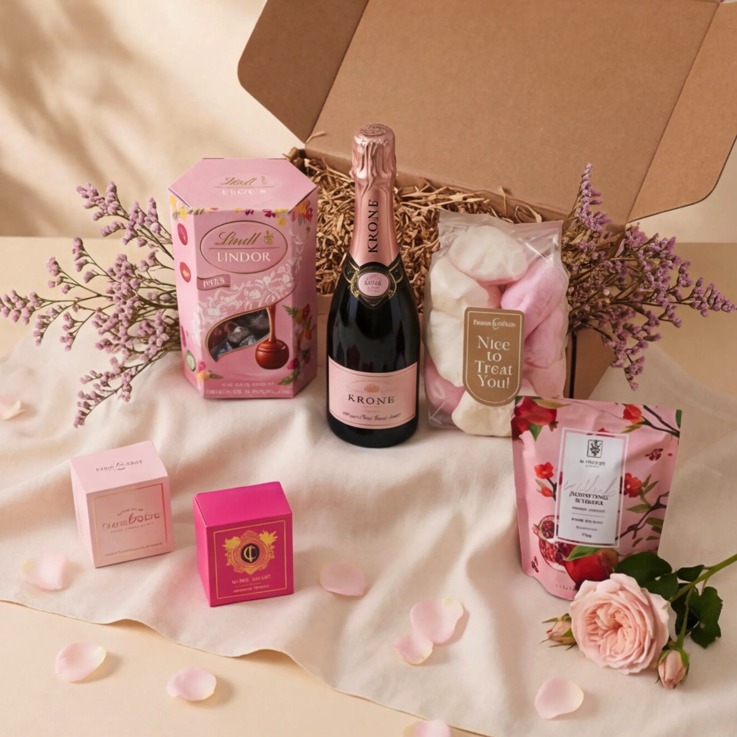 Daydream Delight Gift Box pink luxury hamper with Krone Rose, Lindt Lindor, Cape Island Wild Coast candle and rose petal styling