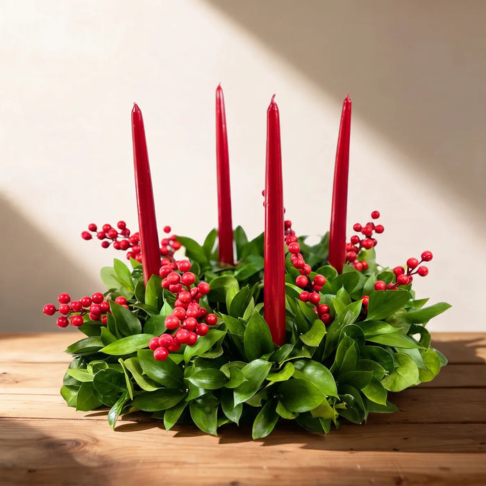 Green table wreath with four red candles and sprigs of red berries on a pine table, Fabulous Flowers South Africa