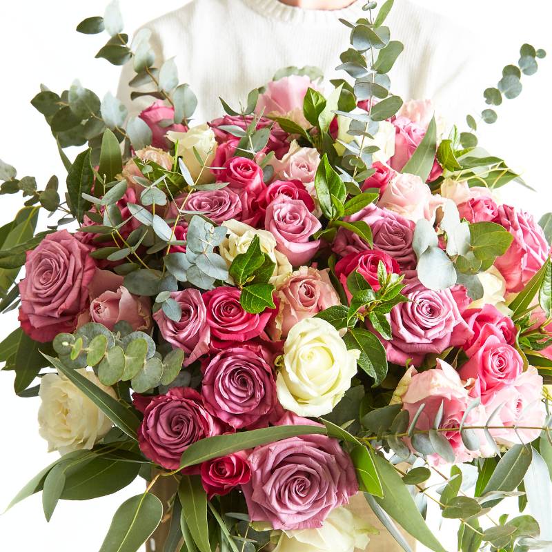 Close-up of a romantic rose bouquet with pink, mauve, ivory and red roses, lush green foliage and eucalyptus sprigs
