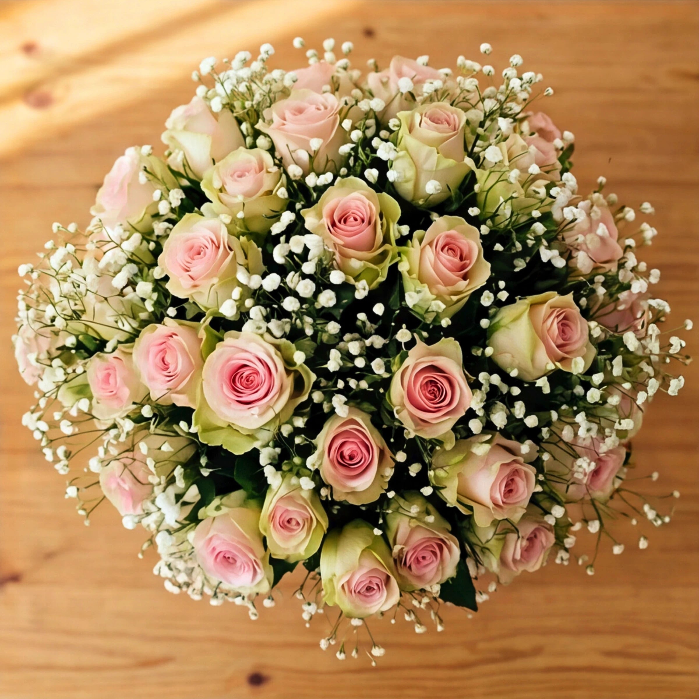 Top down view of blush pink roses and white gypsophila arranged in the Duchess flower box