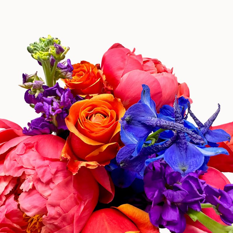 Detail of the Electric Bloom bouquet with vibrant blue delphiniums and coral peonies framed by purple stock and orange roses.