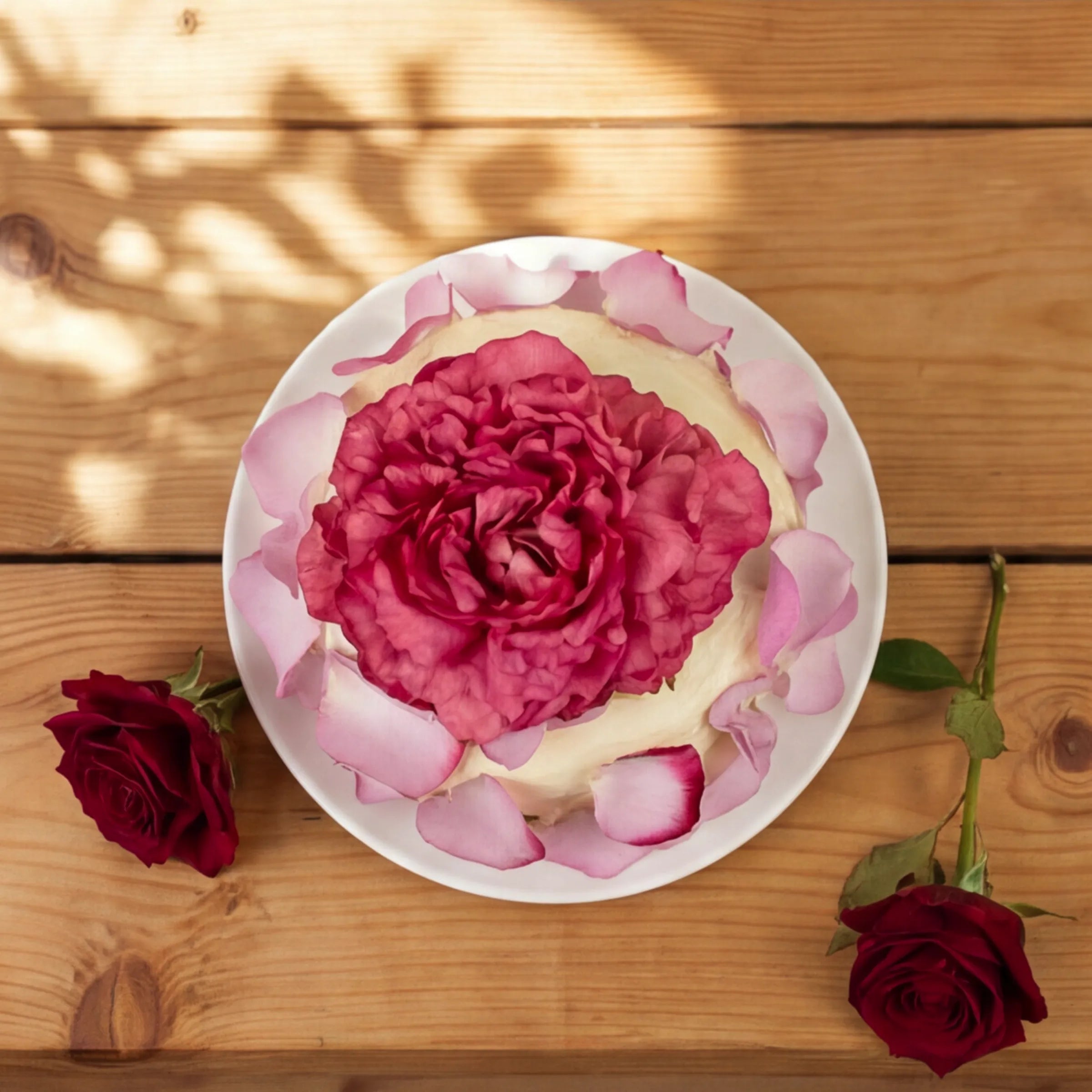 Top-down Elegance Rouge Cake with magenta peony centre and pink rose petals, hand-decorated in Claremont