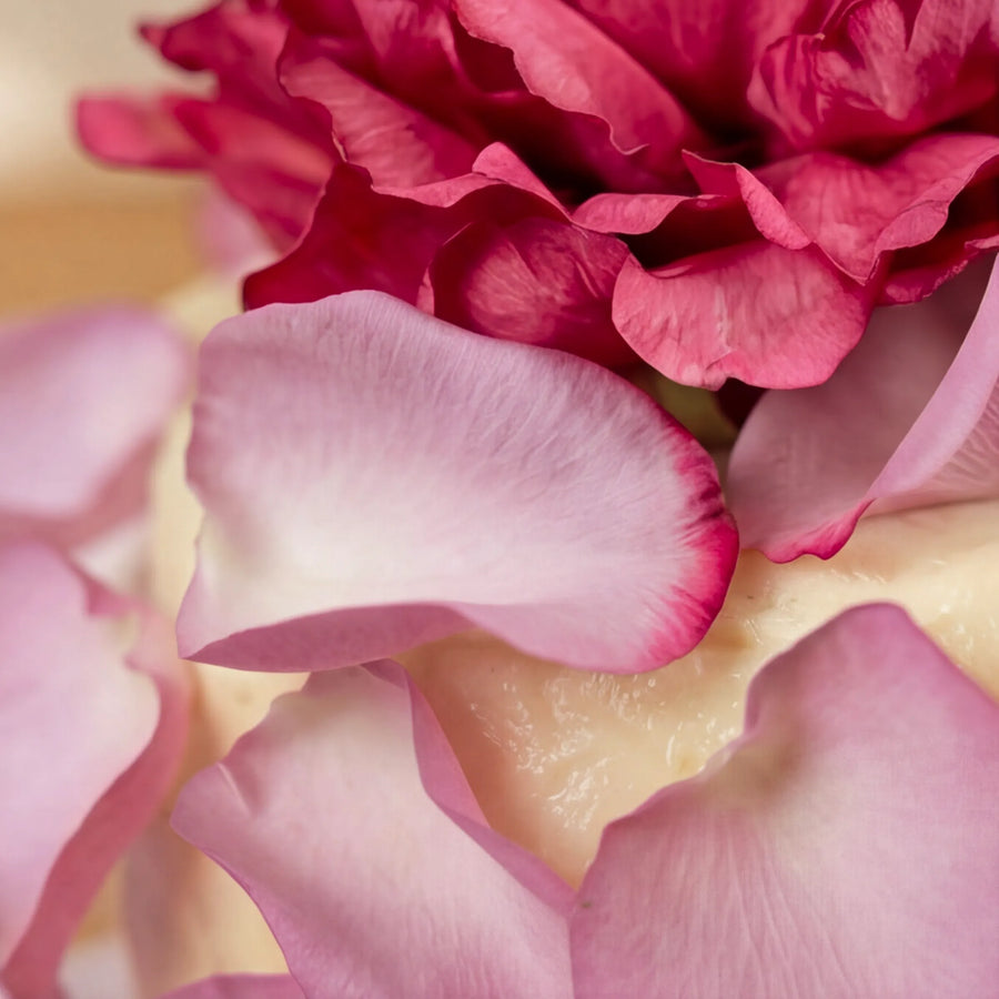 Macro of fuchsia peony and pink rose petals on vanilla icing, Elegance Rouge Cake by Fabulous Flowers