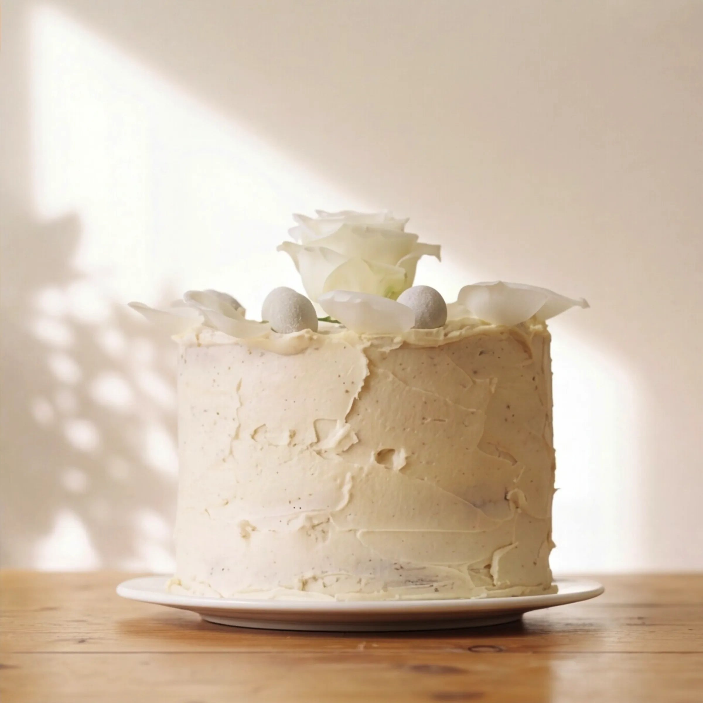 Side view of textured vanilla buttercream Elegant Rose Celebration Cake by Fabulous Flowers Claremont studio