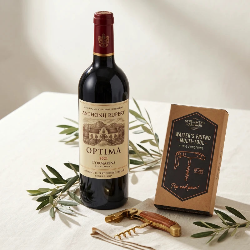 Estate Pour styled with Anthonij Rupert Optima 2021 Bordeaux blend bottle and the Gentlemen's Hardware Waiter's Friend 4-in-1 multi-tool box, brass-and-wood corkscrew unfolded on linen with olive sprigs, Fabulous Flowers and Gifts