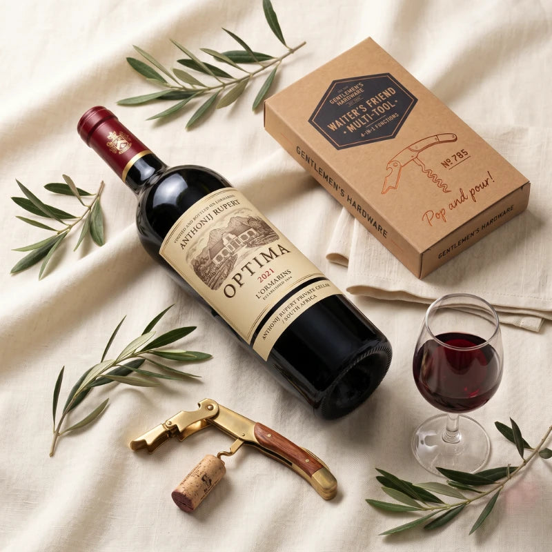 Estate Pour flat-lay with Anthonij Rupert Optima 2021, Gentlemen's Hardware Waiter's Friend multi-tool, brass-and-wood corkscrew with cork, a poured glass of red wine and olive branches, by Fabulous Flowers and Gifts