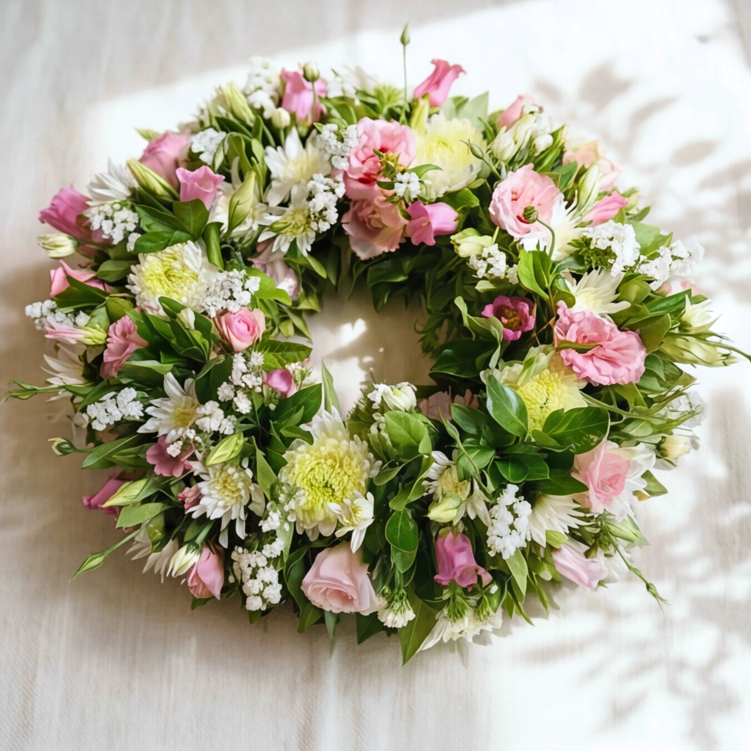 Eternal Spring wreath for a funeral laid flat, showing pink and white flowers in a full circle of greenery
