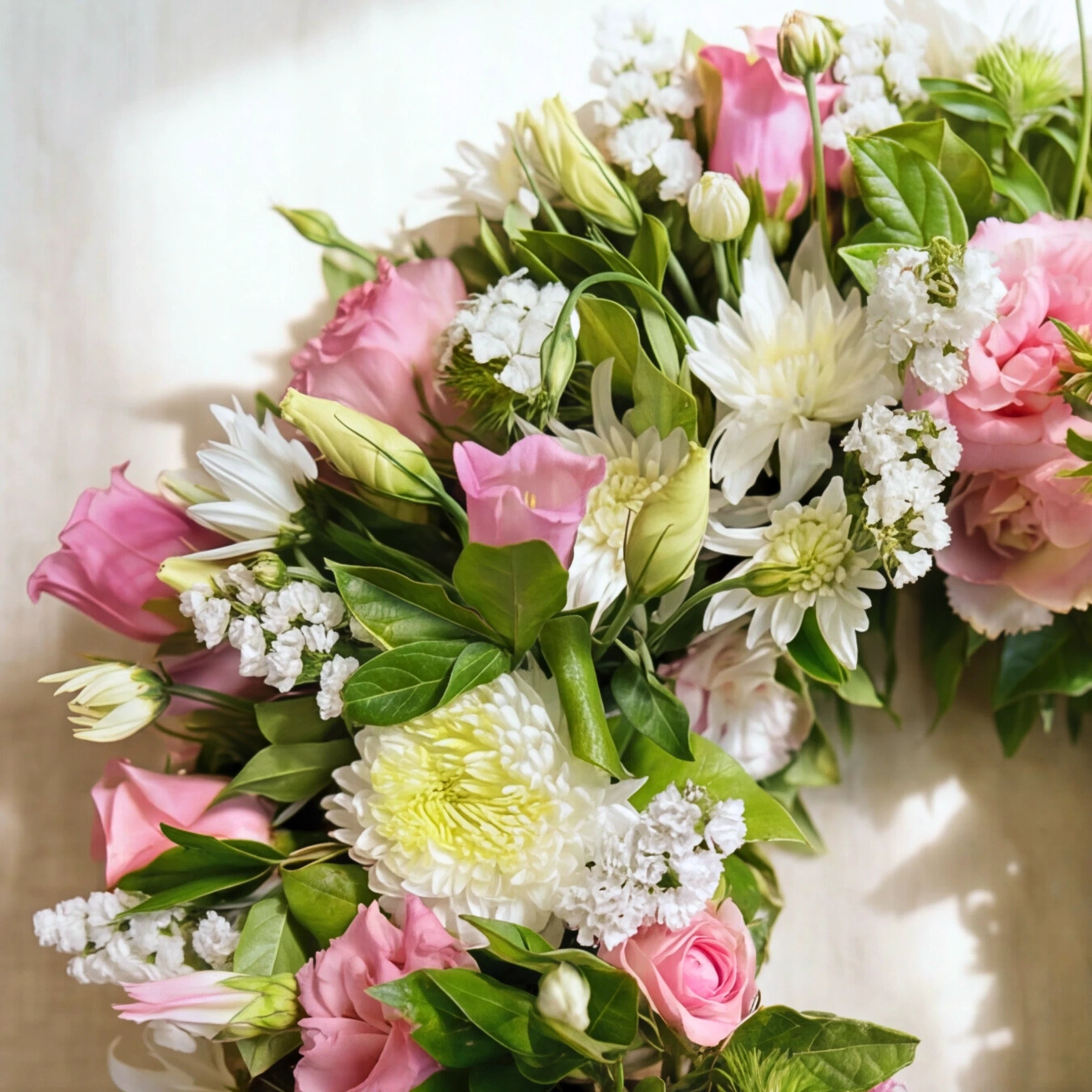 Detail of the Eternal Spring sympathy wreath with pink roses, Canterbury bells and white blooms