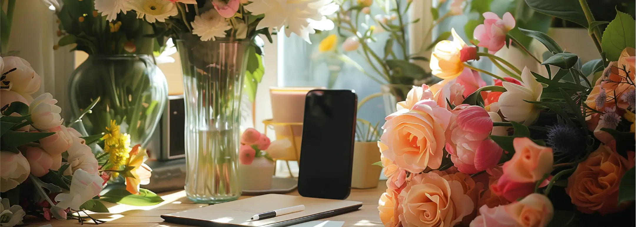 A welcoming scene with various vases of fresh flowers and a notepad and pen on a table, ready to assist with all flower and gift needs. Frequently Asked Questions. Fabulous Flowers and Gifts.