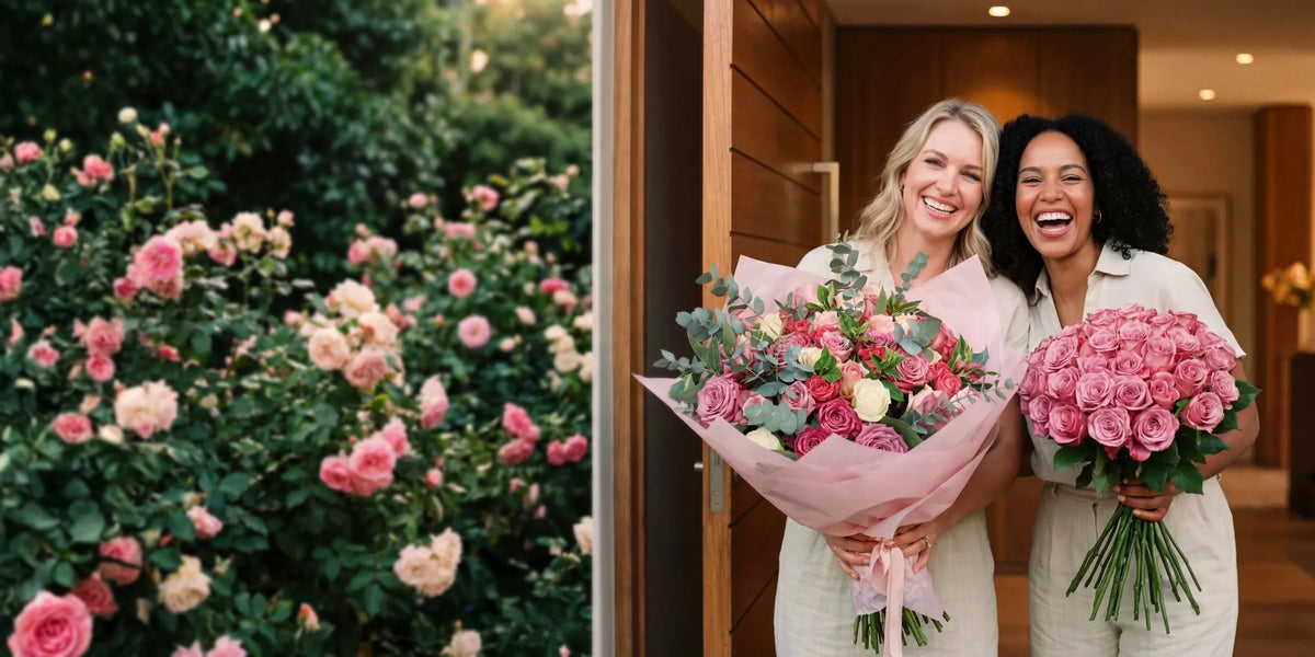 A woman laughing with joy as she holds a Brilliantly Happy bouquet of orange, purple and red blooms in golden evening light outside her home