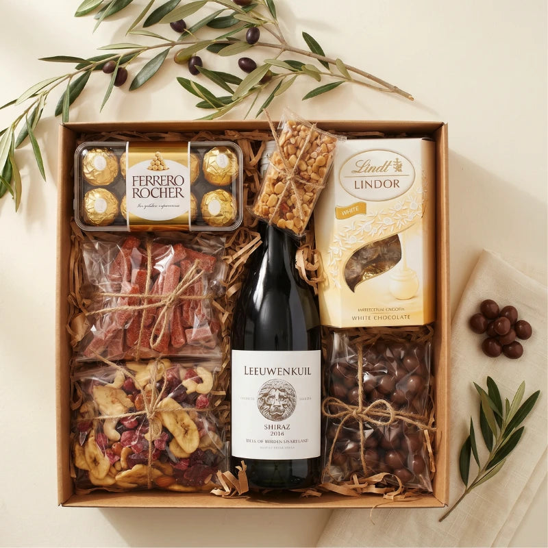 Family Picnic Time hamper flat-lay in kraft box with Ferrero Rocher, Leeuwenkuil Shiraz, Lindt Lindor White and trail mix, Fabulous Flowers and Gifts