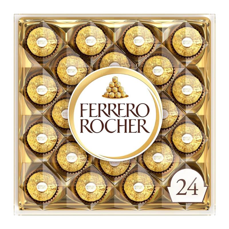 Ferrero Rocher 300g box with 24 hazelnut chocolates in golden wrappers, perfect for gifting and celebrations.