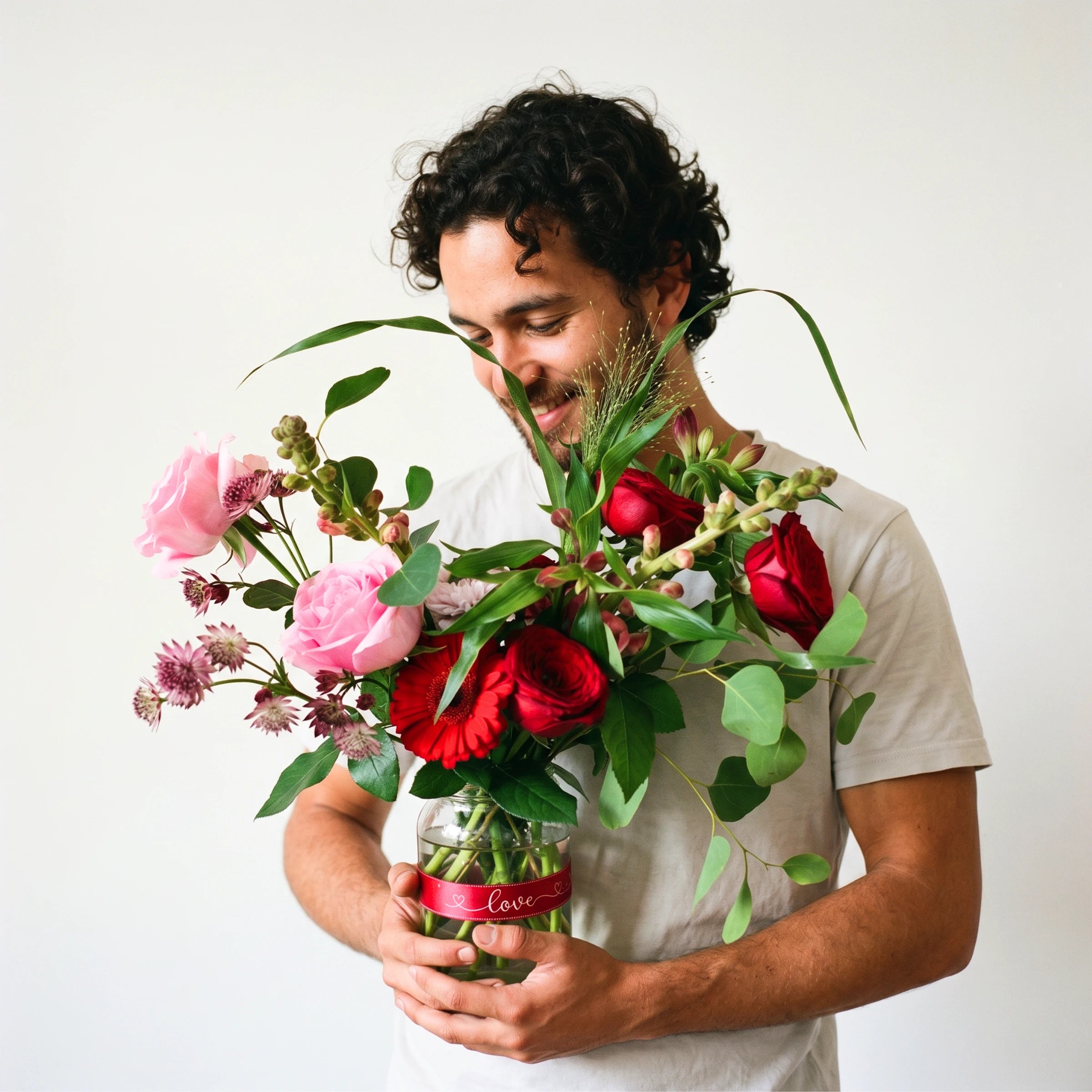 Man holding the Vibrant Rose Bouquet from Fabulous Flowers South Africa, 45 hand-tied red, pink, lilac and orange roses for same-day delivery in Cape Town and Johannesburg