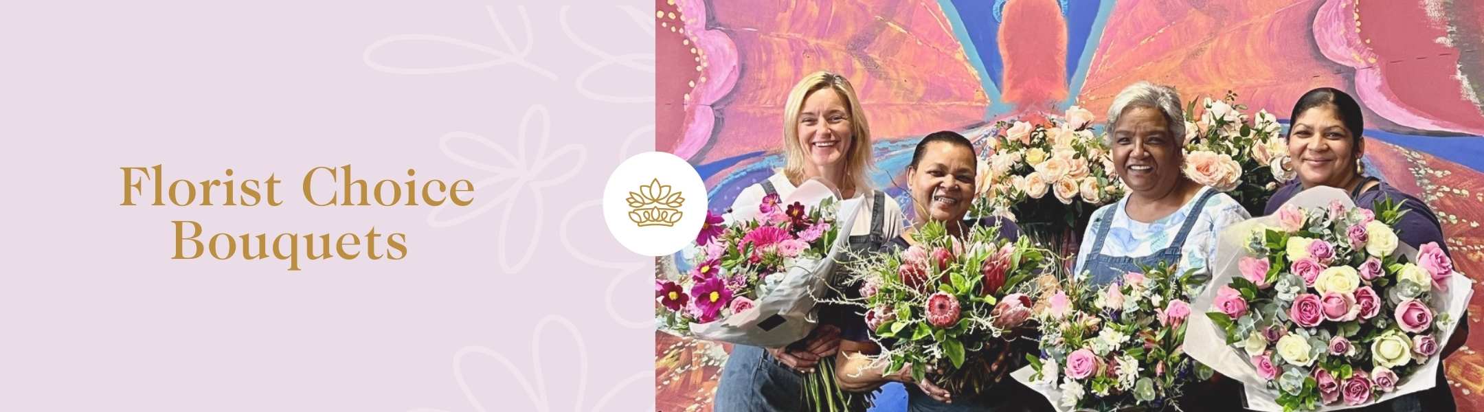 Four smiling florists holding beautiful bouquet arrangements against a vibrant background, promoting Florist Choice Bouquets.