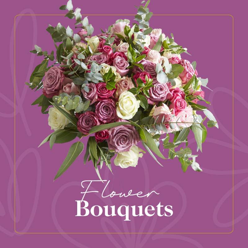 Fabulous Flowers & Gifts - Stunning bouquet of mixed pink and lavender roses with eucalyptus leaves for a thoughtful gift.