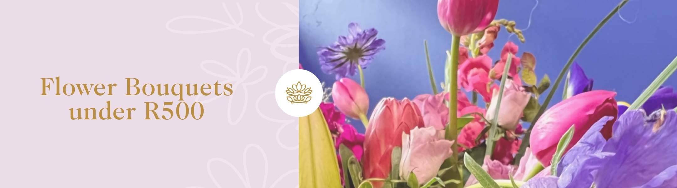 Flower Bouquets under R500 with vibrant pink, purple, and yellow flowers on a blue background, perfect for budget-friendly gifting.