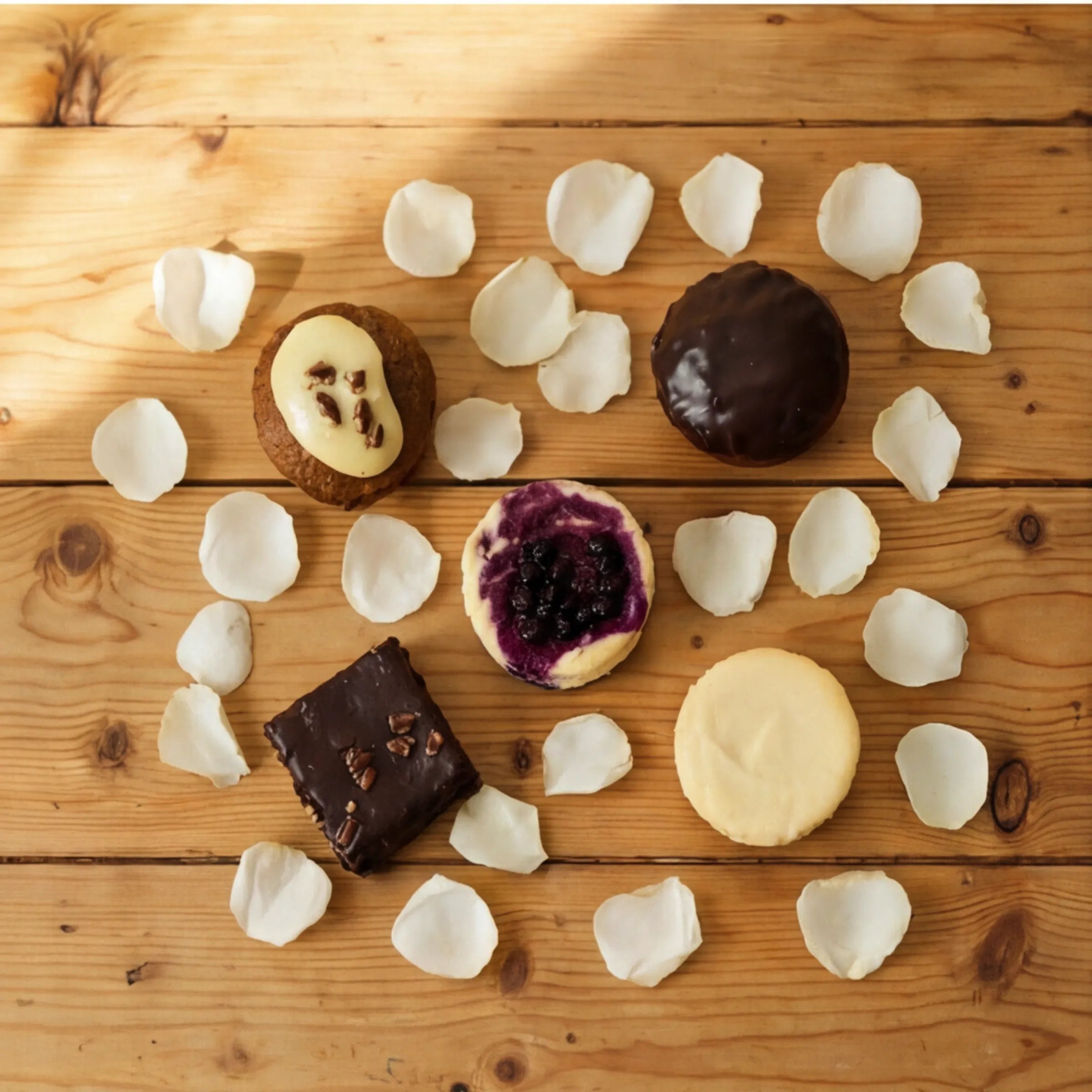 Top-down 5-piece dessert tasting box with carrot cake, cheesecakes, brownie and tart by Fabulous Flowers