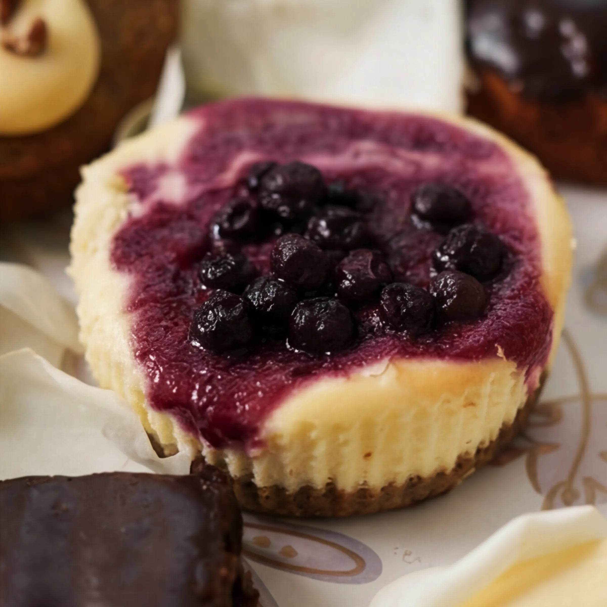 Macro of blueberry cheesecake with compote crown in From Me With Butter dessert box by Fabulous Flowers