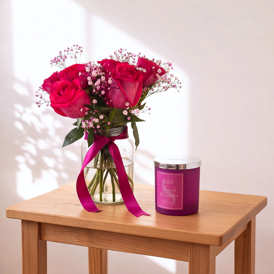 Fuchsia Flame rose and watermelon candle gift set in Cape Town