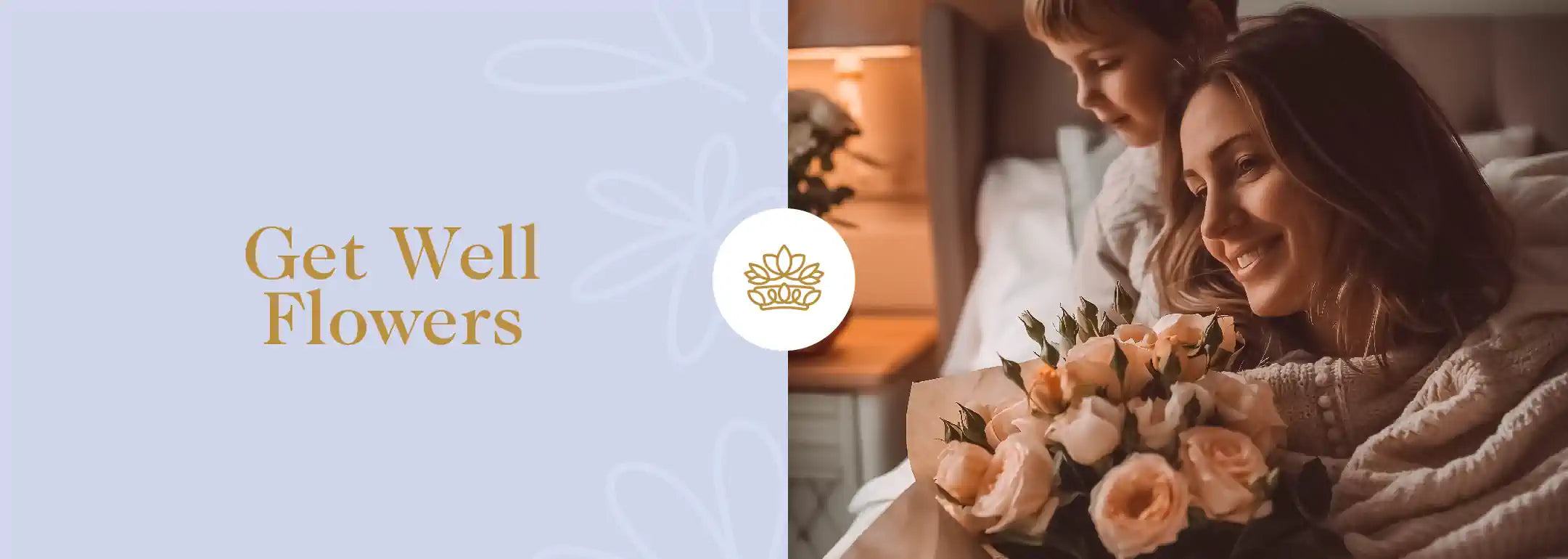 A heartwarming scene of a young child presenting peach roses to a smiling woman reclining comfortably in bed, conveying warmth and care. Part of the Get Well Flowers Collection at Fabulous Flowers and Gifts.