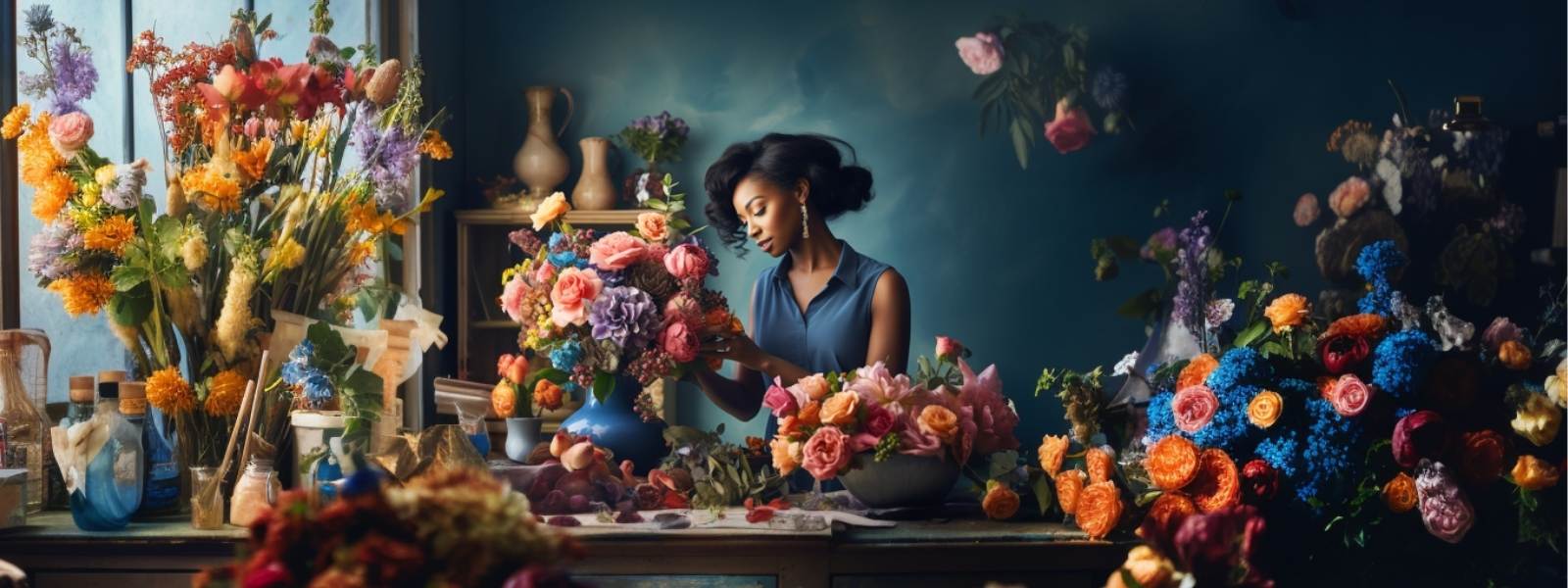 Artistic and vibrant image of a black florist in a blue flower shop surrounded by colourful flowers - Fabulous Flowers