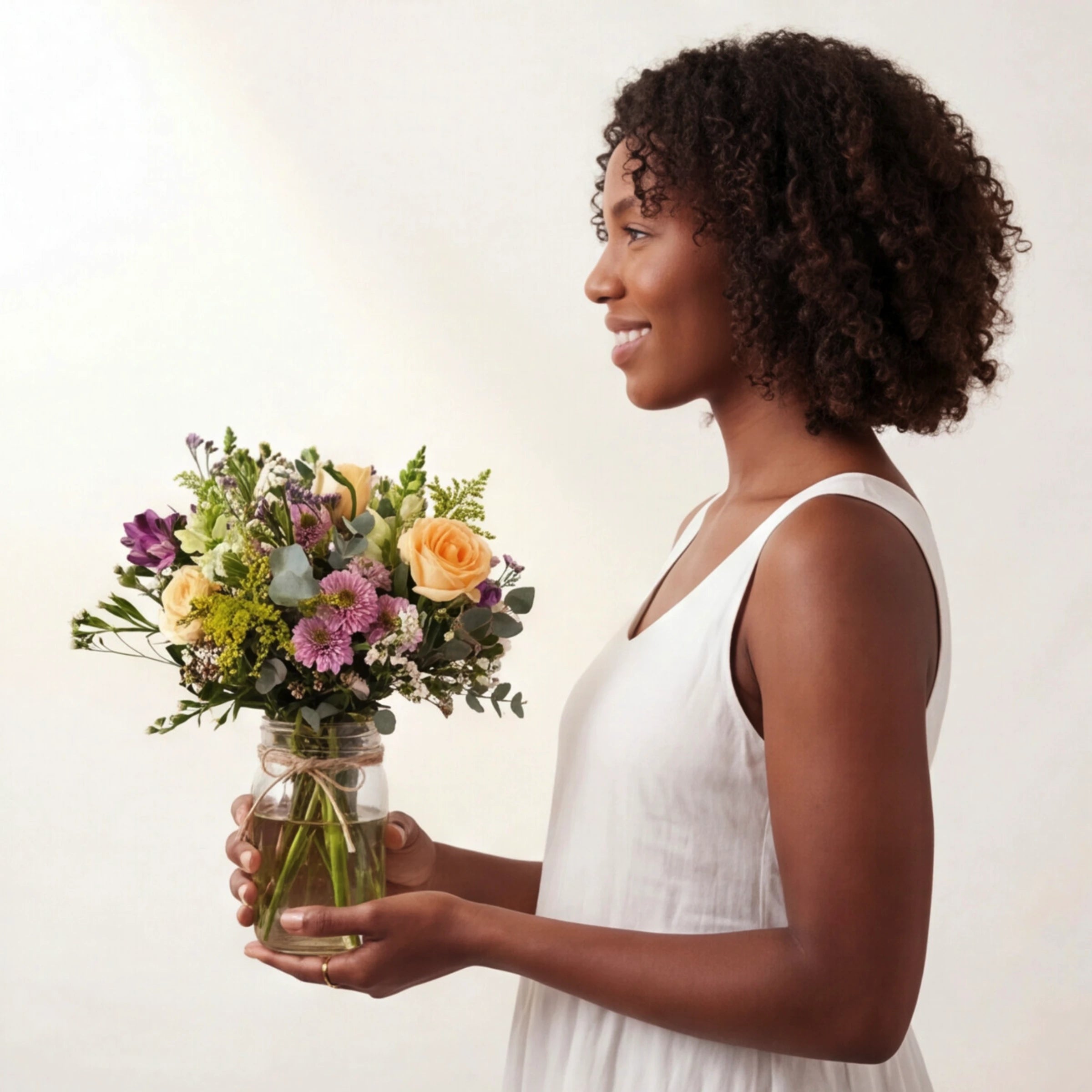 Side-profile of Black woman with curly shoulder-length hair in a white linen dress smiling and holding Grace in a Jar refined arrangement of peach roses, lilac chrysanthemum, purple alstroemeria and silver eucalyptus from Fabulous Flowers.
