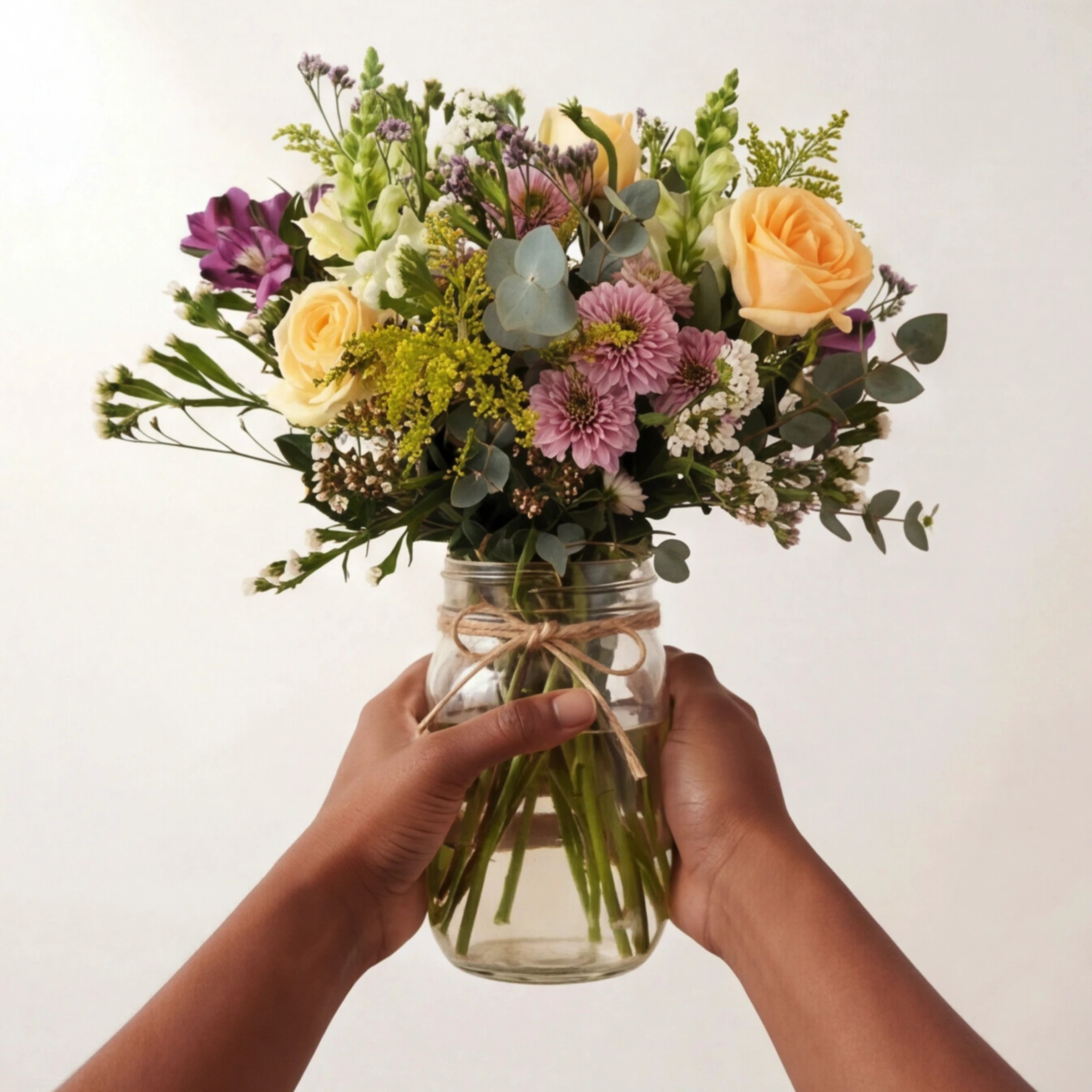 Two hands holding up Grace in a Jar arrangement in a twine-wrapped glass mason jar, peach roses, lilac chrysanthemum, purple alstroemeria and silver dollar eucalyptus from Fabulous Flowers Cape Town