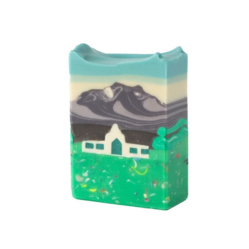 Close-up of Grand Constantia artisan soap showcasing Table Mountain and Cape Dutch house – Mi&U for Fabulous Flowers & Gifts