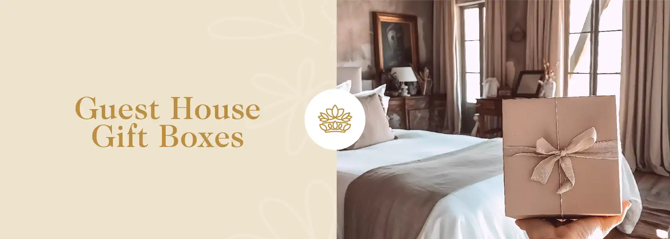 Elegant gift box held in hand, perfectly wrapped with a satin ribbon, presented in a sophisticated guest house bedroom setting. Part of the Hotel and Guest House Gift Boxes Collection from Fabulous Flowers and Gifts