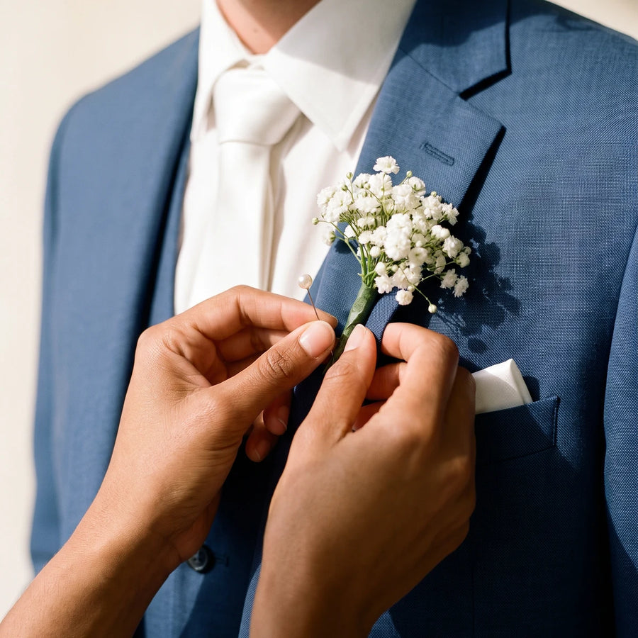 Hands pinning a gypsophila boutonniere onto a blue suit, Fabulous Flowers South Africa