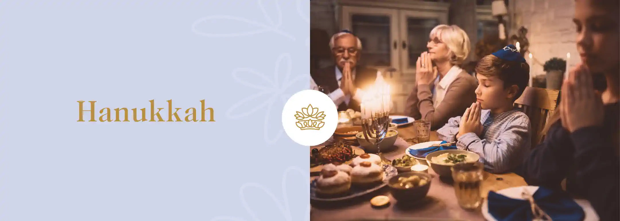 A young boy praying with his family, all dressed in white with candles in front of them. . Fabulous Flowers and Gifts . Hanukkah.