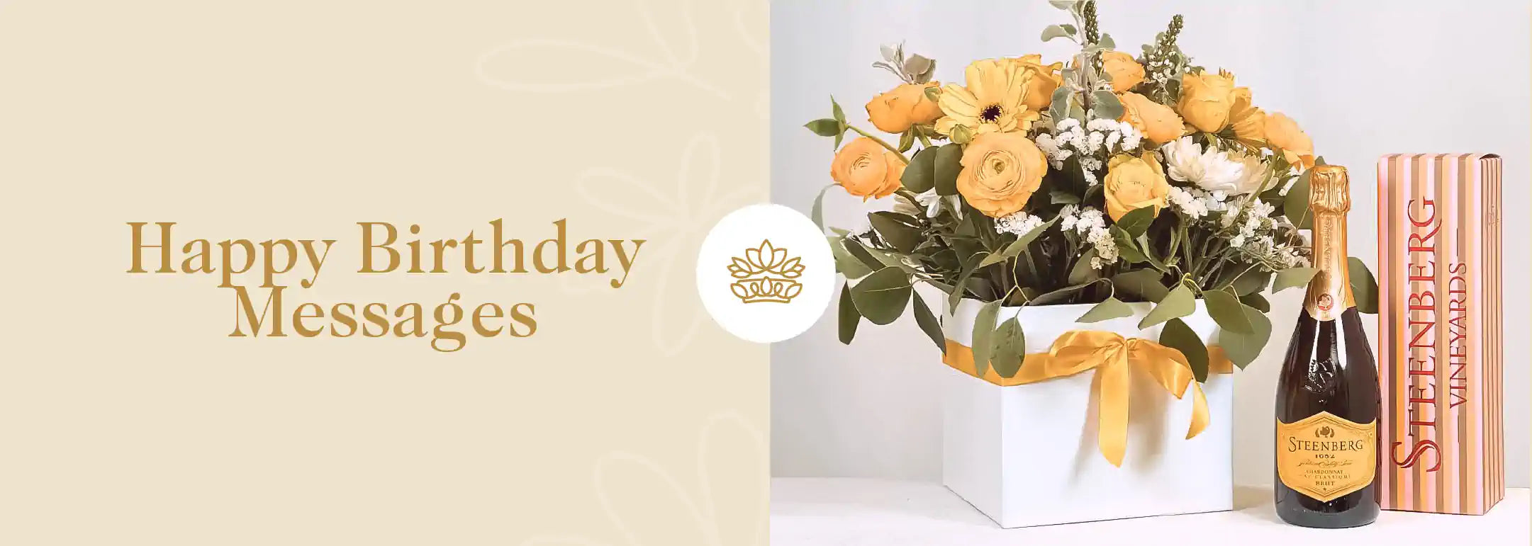 Celebratory birthday arrangement with golden yellow roses and gerberas in a white box, accompanied by a luxurious bottle of Steenberg sparkling wine, ready to delight someone special on their day - Fabulous Flowers and Gifts.