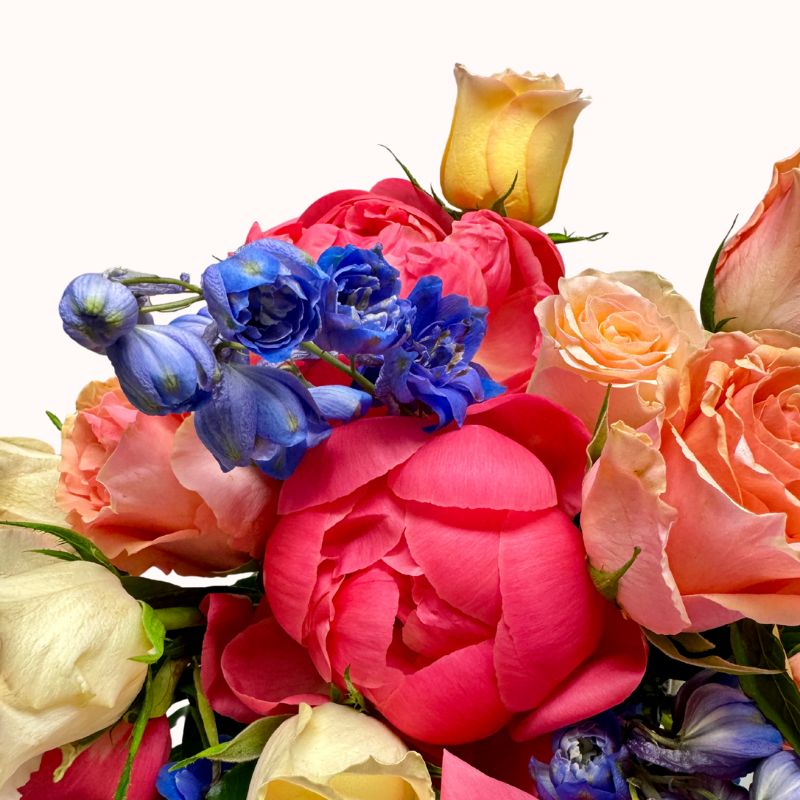 Close-up of Heart & Bloom bouquet showing coral peony, soft roses, and vivid blue delphiniums in full bloom.