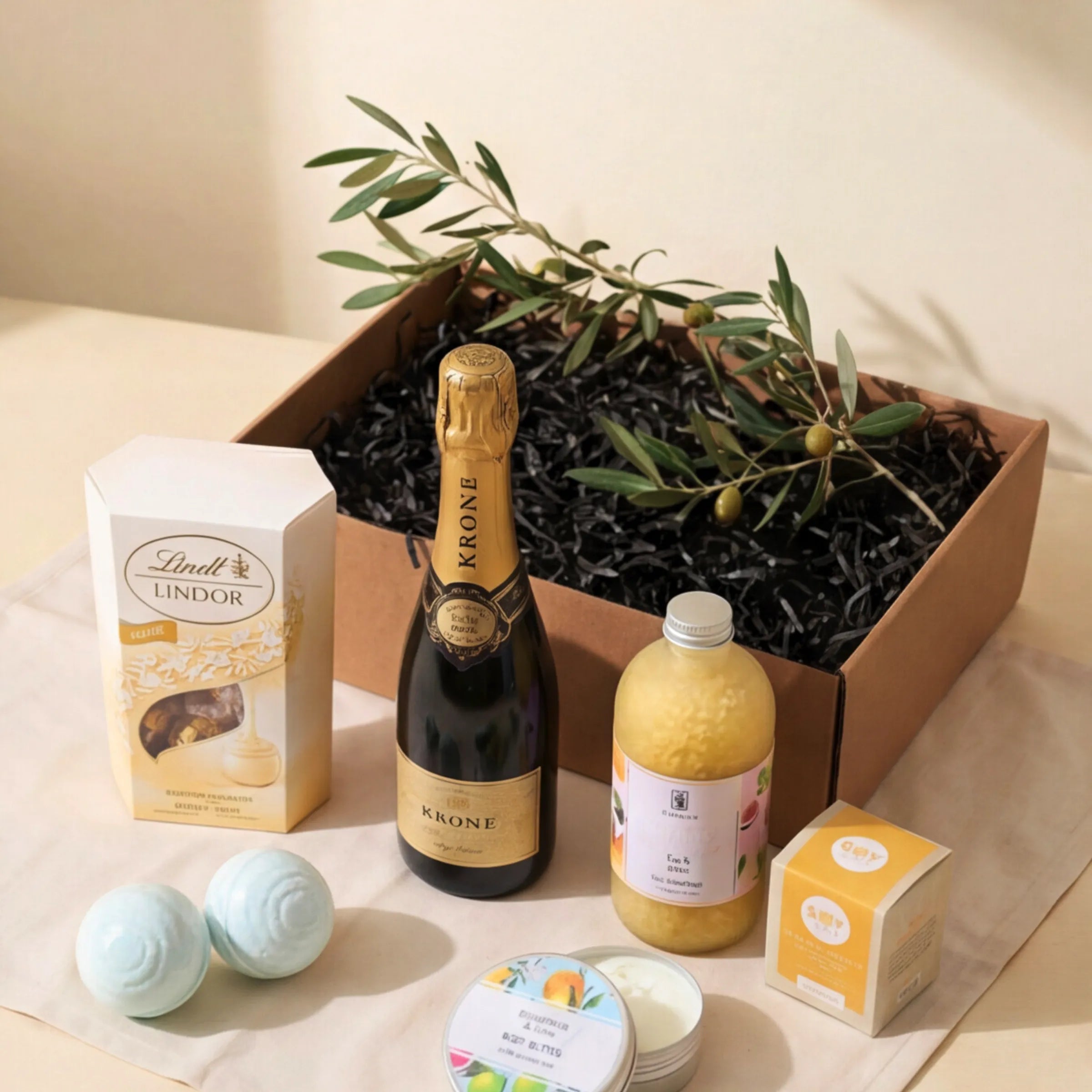 The Heavenly Harmony Hamper from Fabulous Flowers South Africa styled on a linen cloth, a luxury pamper gift hamper of Krone wine, Lindt Lindor truffles, Grapefruit and Lime body butter, Fig and Pear bath crystals, bath bombs and Soy Lites soy candle for birthdays, anniversaries and Mother's Day