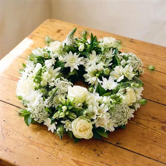 Round fresh wreath of cream roses, white chrysanthemums, Queen Anne's lace and green nigella seed heads lying on a pine table, Fabulous Flowers South Africa