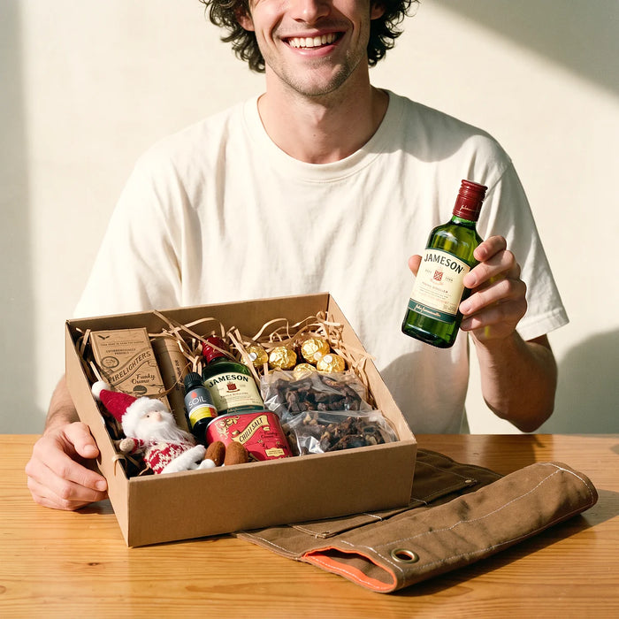 Grinning man in a white t-shirt holding up a small Jameson bottle beside an open braai gift box and an unrolled canvas tool roll, Fabulous Flowers South Africa