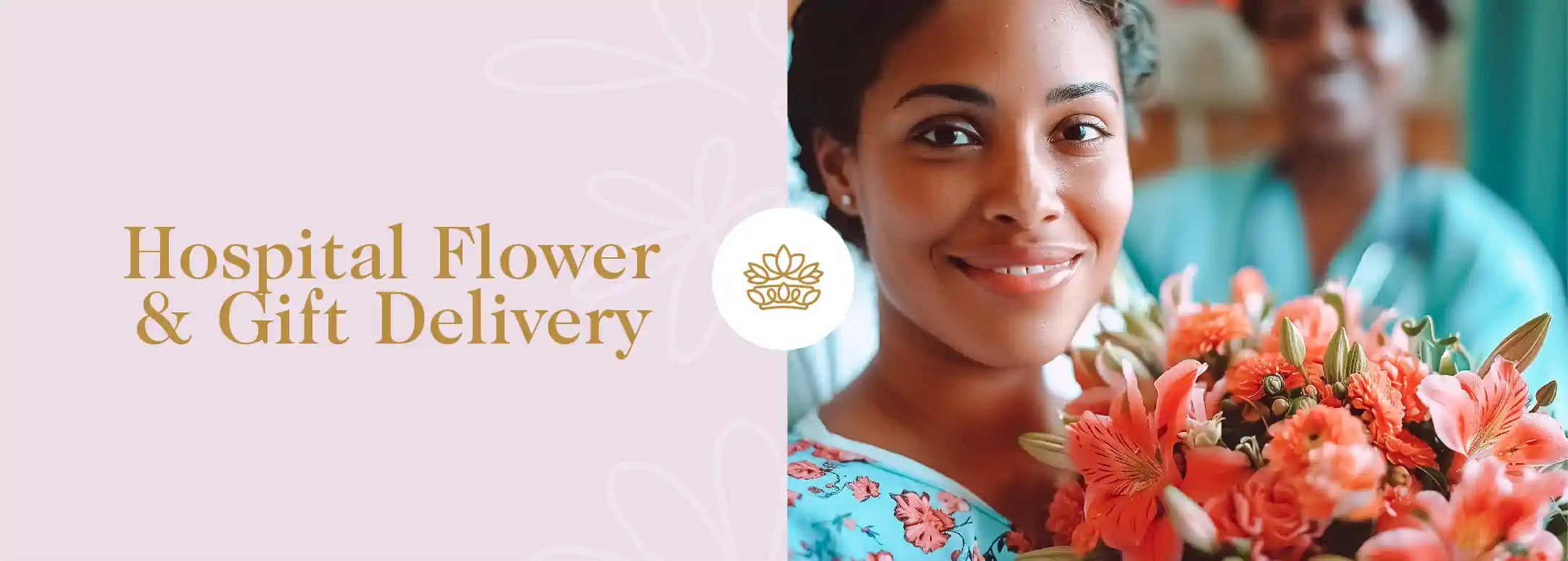 Smiling healthcare worker presenting a vibrant bouquet, representing the Hospital Flower and Gift Delivery Collection, designed to bring joy and comfort to patients. The backdrop features a serene hospital setting, enhancing the mood of care and kindness. Fabulous Flowers and Gifts.