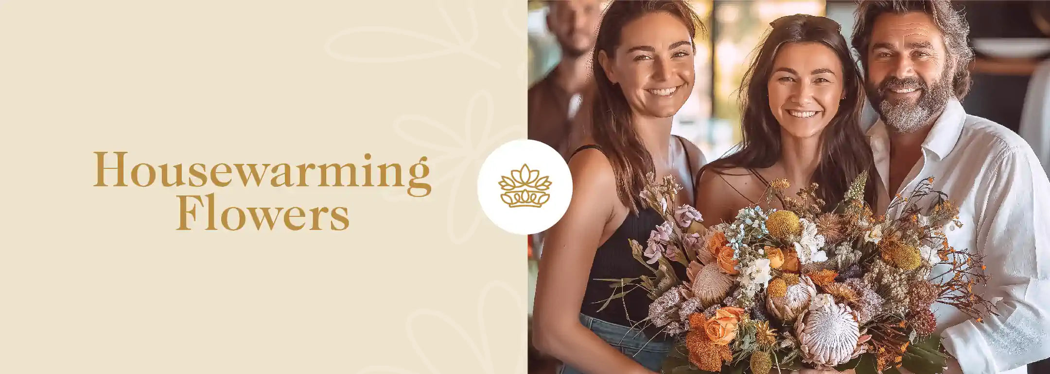 A cheerful family holding a bouquet of vibrant housewarming flowers, featuring a smiling young woman and man with their father, celebrating a new home together. Part of the Housewarming Flowers Collection at Fabulous Flowers and Gifts.