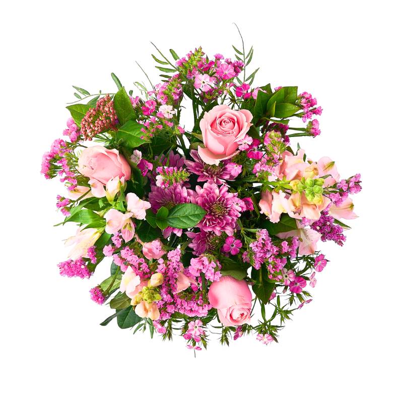 Jar arrangement of pink and green flowers on a white background