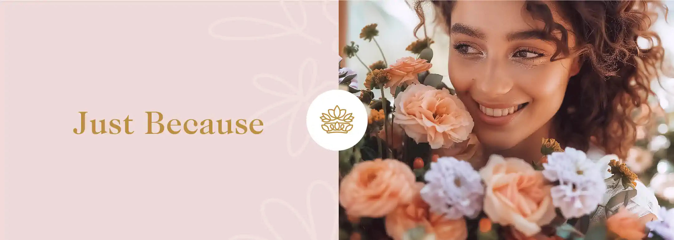 Happy young woman with curly hair, surrounded by a lush bouquet of peach and pink flowers, embodying spontaneous happiness from the Just Because Collection at Fabulous Flowers and Gifts.