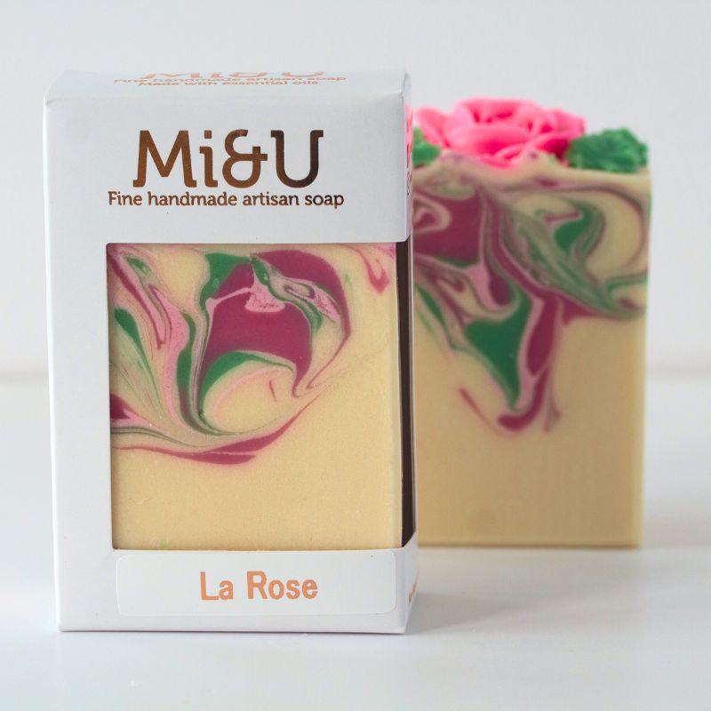 Mi&U La Rose artisan soap in box with floral swirl design and visible rose detailing on top