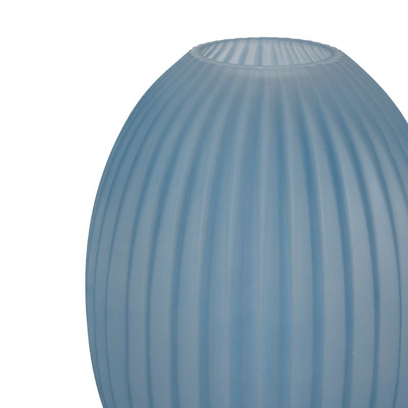 Large Sky Blue Optic Vase - Fabulous Flowers and Gifts: close-up of vertical ribbed frosted glass texture and small round neck.